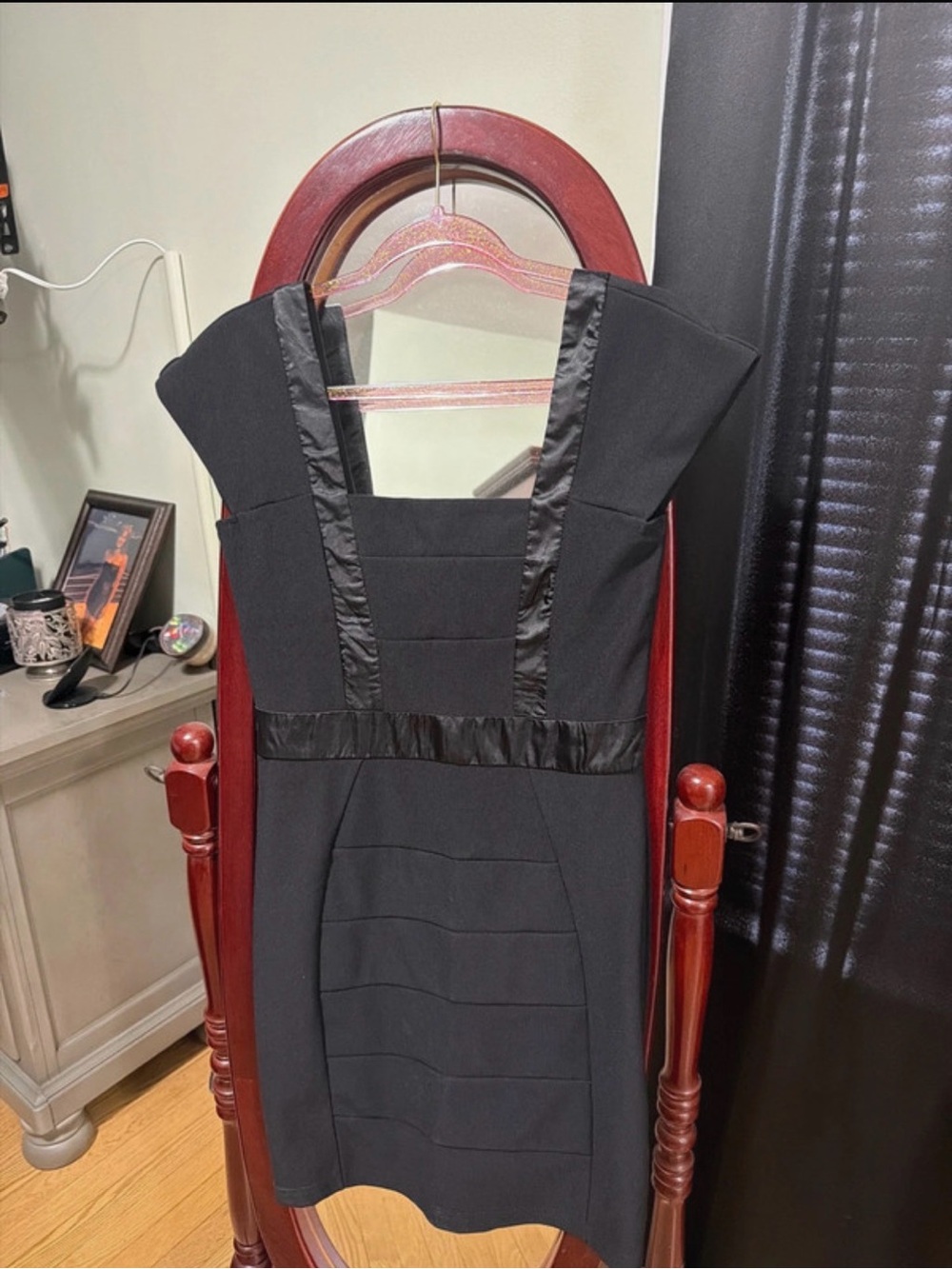 Black Cap-Sleeve Mini Dress with Satin Trim